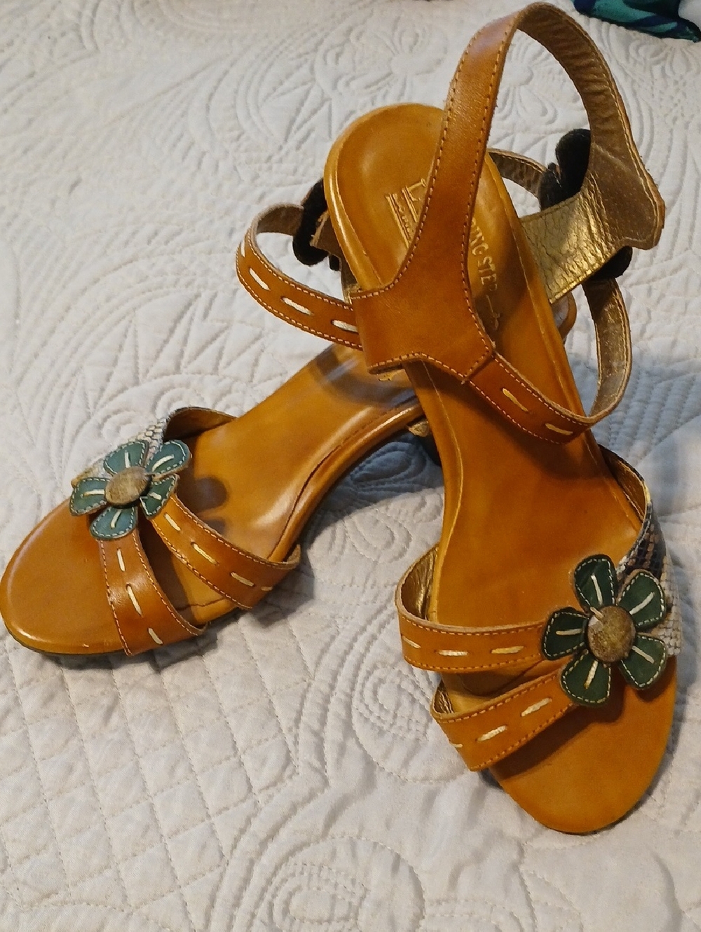 Spring Step Tan Leather Sandals with Green Flower Accent